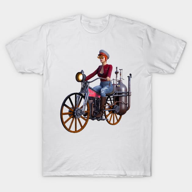 Steampunk woman on steam motorcycle T-Shirt by Carlosr1946